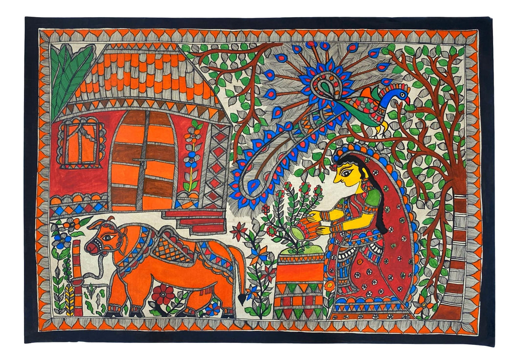 Village woman watering a tulasi plant with a peacock in a tree above her and a cow in front of her