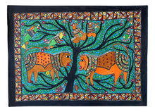 Load image into Gallery viewer, Two lions with a tree of life and parrots on  a green background
