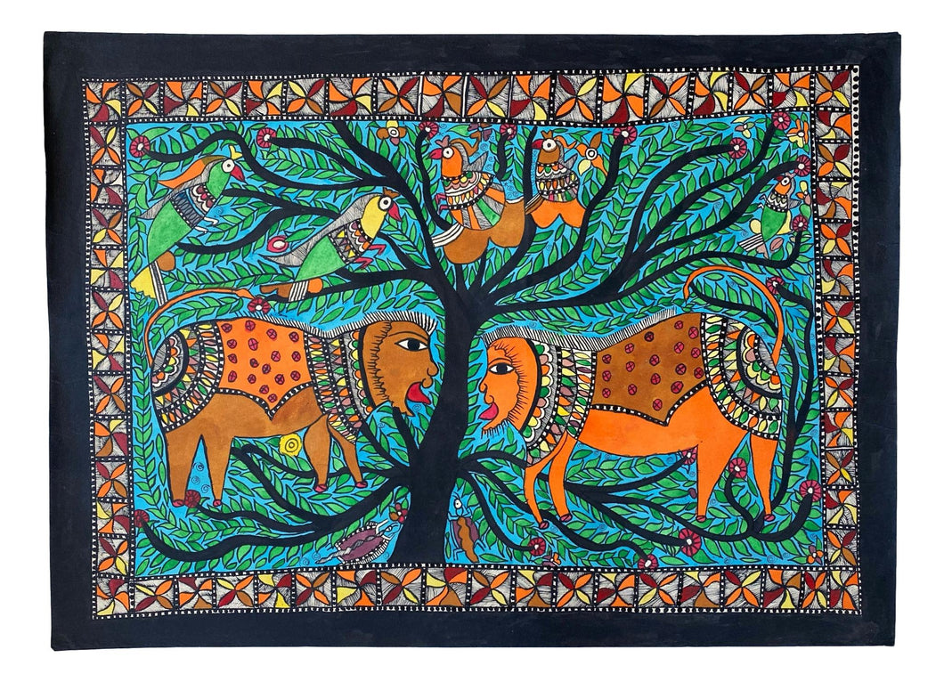 Two lions with a tree of life and parrots on  a green background